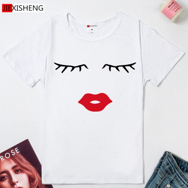 Eye Lashes & Red Lips Print t shirt