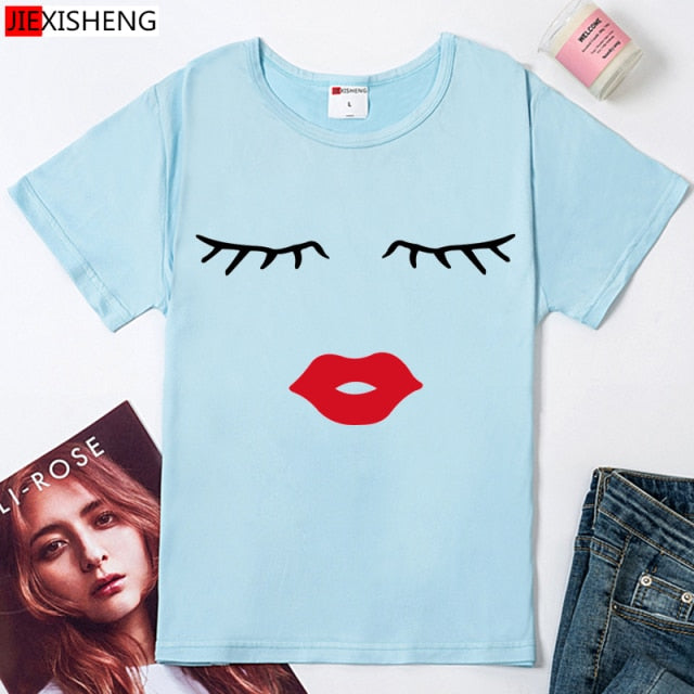 Eye Lashes & Red Lips Print t shirt