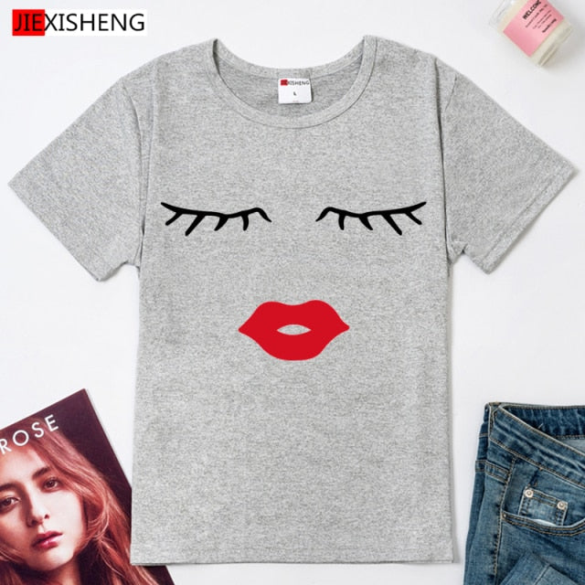 Eye Lashes & Red Lips Print t shirt