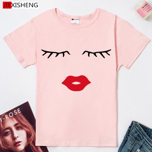 Eye Lashes & Red Lips Print t shirt