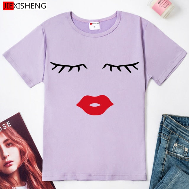 Eye Lashes & Red Lips Print t shirt